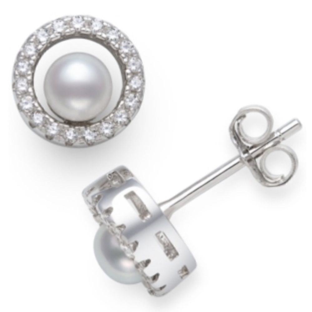 NWT Giani Bernini SS Cultured Freshwater Pearl (4mm) & CZ Circle Stud Earrings